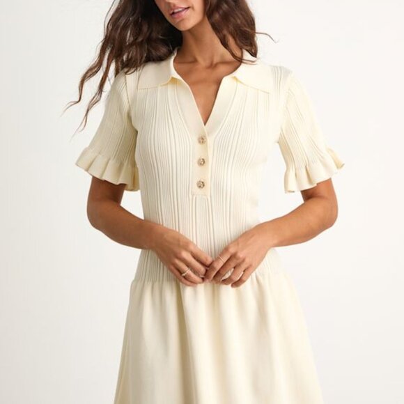 Lulus Dresses & Skirts - Lulus Yavina Cream Collared Skater Sweater Mini Dress White - Size S